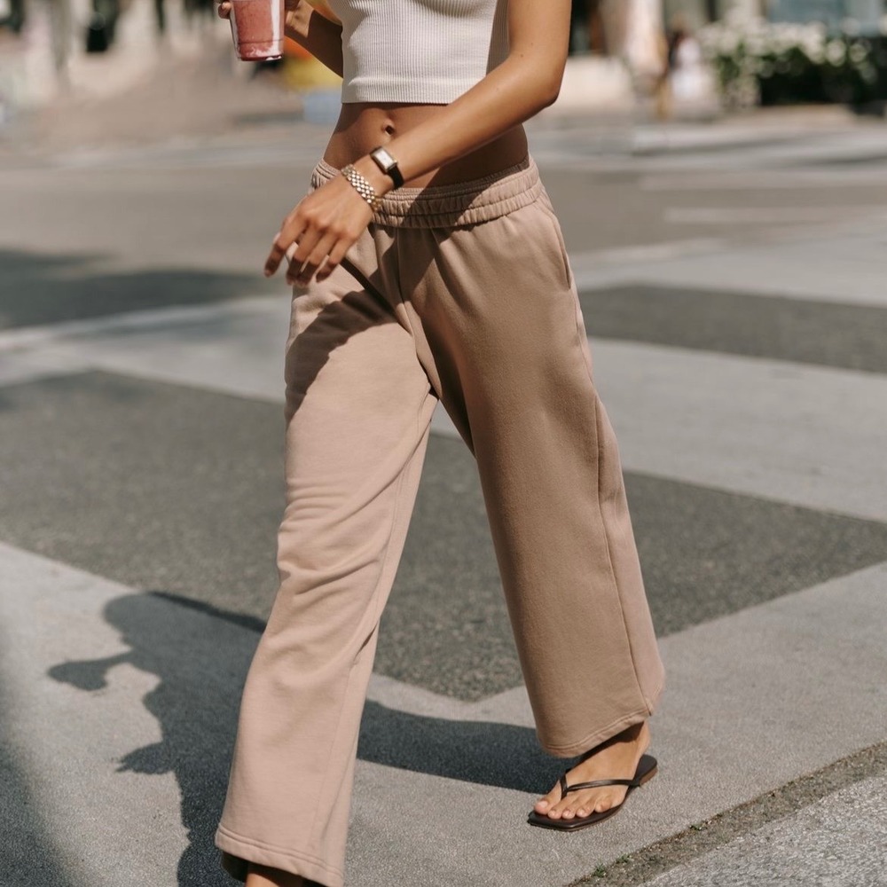 Anthropologie Daily Practice Taupe Organic Cotton Wide Leg Sweatpants Large NWT